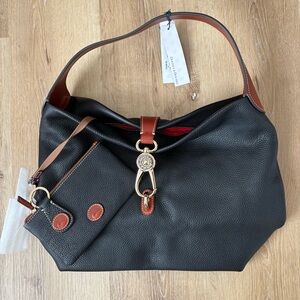 Dooney & Bourke Black Pebble Leather Logo Lock Hobo Shoulder Bag with Pouch